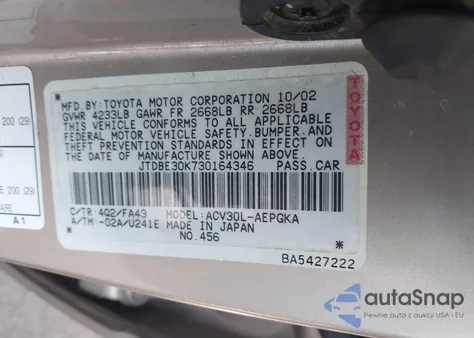 2003 Toyota Camry Xle z USA, uszkodzony, nr VIN JTDBE30K730164346